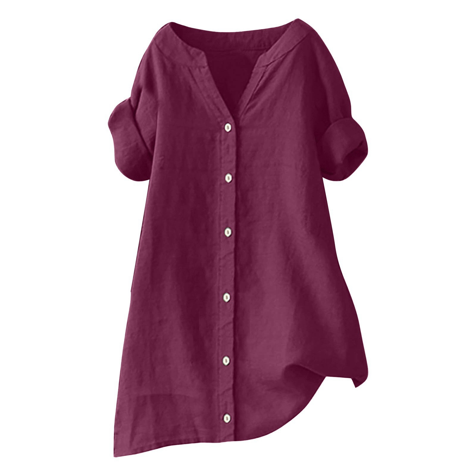 thumbnail image 4 of Camisa de lino para mujer: talla grande, manga corta, cuello en V, color liso, 4 of 4